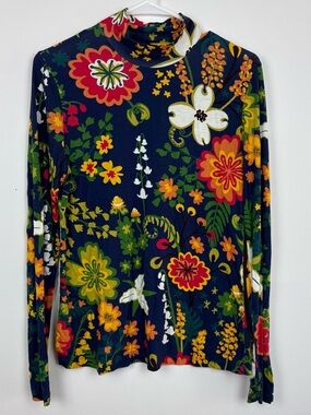 Lesley Evers Mock Neck Long Sleeve Top in Woodland Navy size Medium